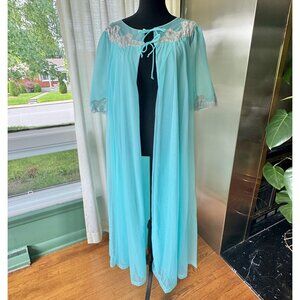 Vintage 1960s peignoir, Robin Egg blue robe, wide lace details, 3/4 sleeves